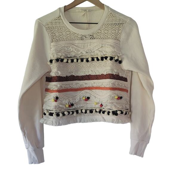 NEW Anthropologie Fringed Cream Sweatshirt/Sweater - Size: Large - Picture 4 of 10